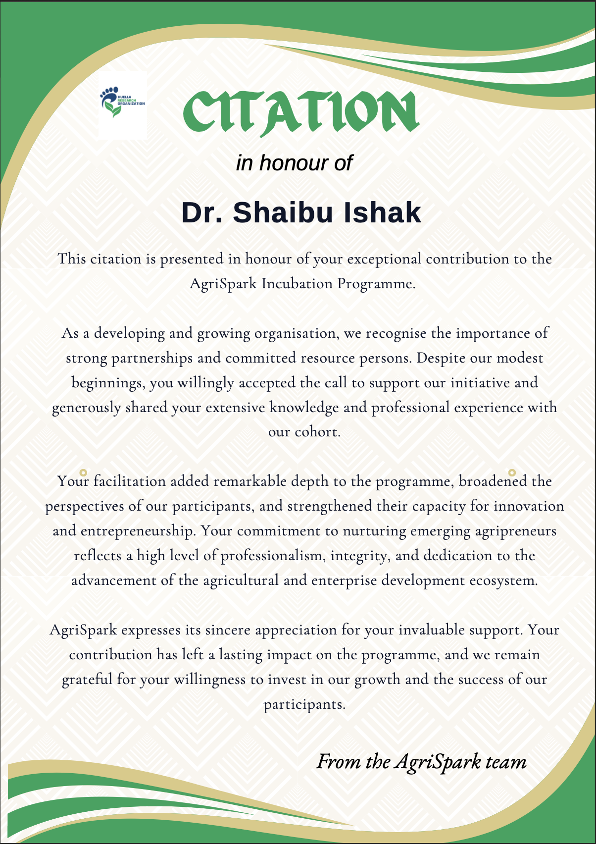 AgriSpark Citaion for Dr Ishak